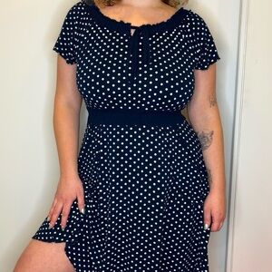 Polka Dot Blue and White Fit and Flare Dress with Ruched Crew Neck Size M